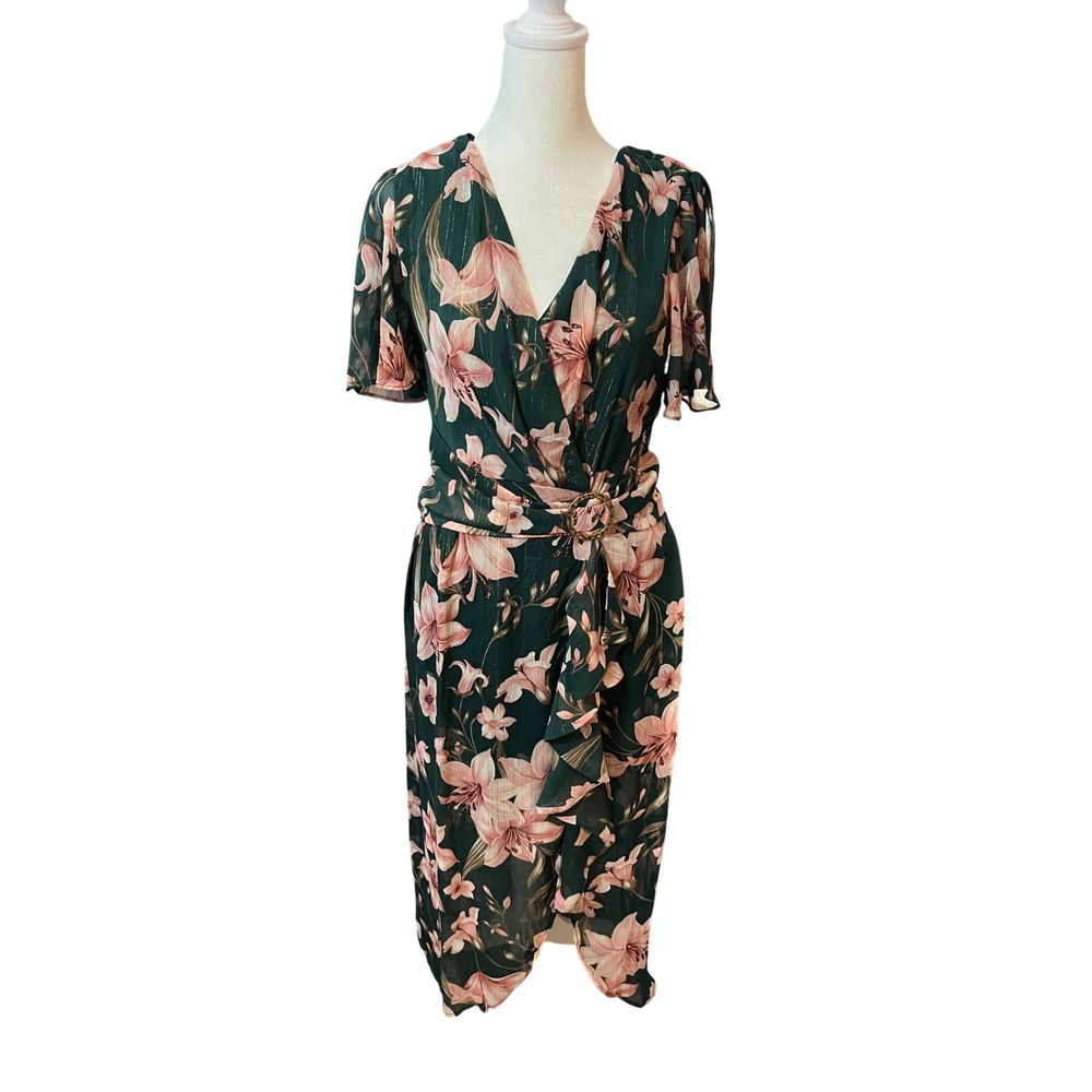 Velvet Fleur Green Pink Floral Lurex Faux Wrap Midi Dress 8 Flutter Sleeve